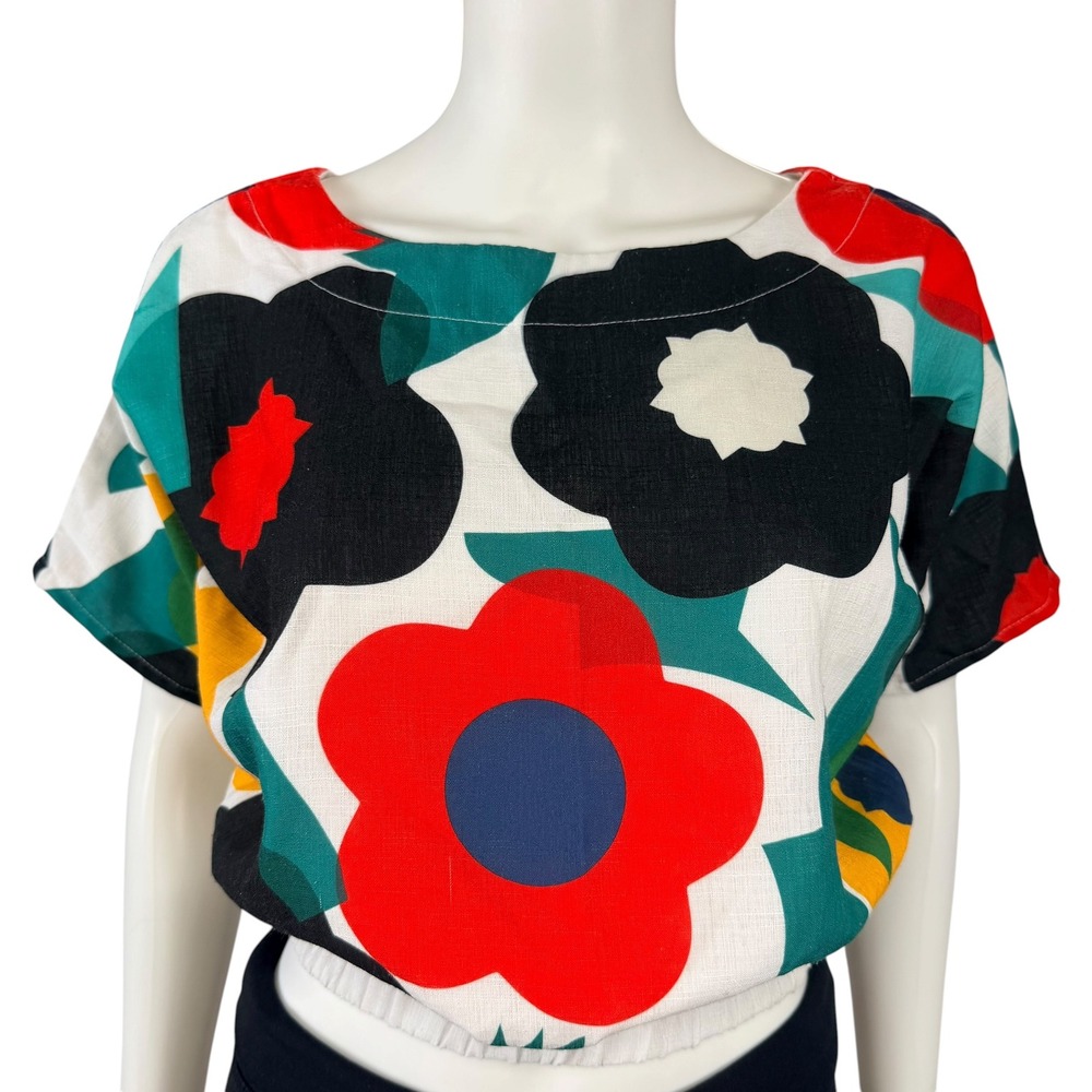 Keona Abstract Floral Crop Top Blouse Artsy Scandi Boho Euro Summer Statement 38